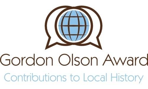 Gordon Olson Award globe logo with caption reading "contributions to local history"